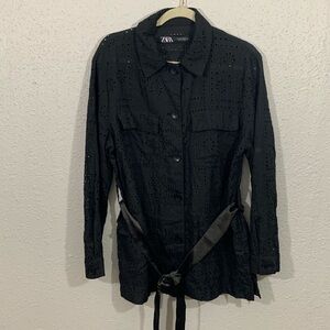 Zara EMBROIDERED‎ EYELET Black Button Front Long Sleeve JACKET size L